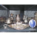 Cage containing loose cutlery plus a silver plated part tea service, tray, cruet set and photo