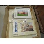 Box containing a qty of prints to include manor houses and town scapes