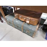 Vintage canvas travelling case with wooden ribs plus a suitcase