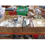 2 boxes containing custard glasses, Japanese export crockery, photo frames, collectors plates and