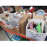 Family Bible and two boxes containing glassware, ornaments, fluffy toys, blue and white charger