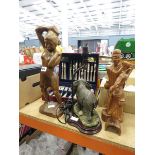 2 carved figures plus elephant table lamp