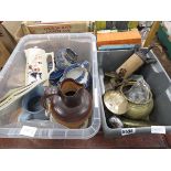 2 x boxes containing a harvest jug, blue and white jugs, Jasper ware, lidded pots, metal barrels and