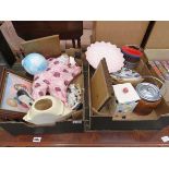 2 boxes containing a biscuit barrel, jelly moulds, clown figures and pictures