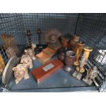 Cage containing The 3 wise monkeys, candlesticks and general treen