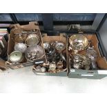 3 boxes containing a punch bowl with ladle and cups plus general silver plate to include tea