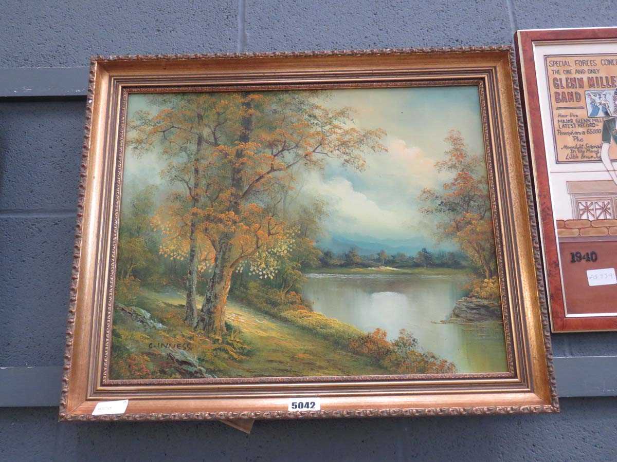 (1) Modern oil on canvas of rural setting with lake and trees