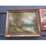 (1) Modern oil on canvas of rural setting with lake and trees