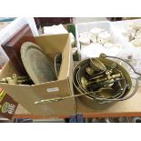 Box and pan containing brass trays, candlestick, bell, door knocker and scales