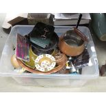 Box containing general household goods to include copper and brassware, a bag and cutlery