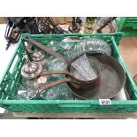 Box containing glassware, silver plate and cooking pans