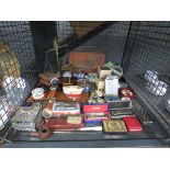 Cage containing penknives, cigar cutter, blue and white china, scales, trinket boxes and a part