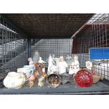 Cage containing Nao and other figures plus paperweights, mugs and general china