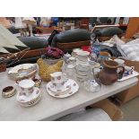 Quantity of rose patterned Queen Anne crockery, egg basket, Doulton plates, Devonshire pottery