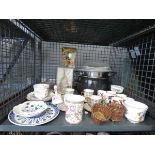 Cage containing floral and other patterned cups and sauces plus cooking vessels