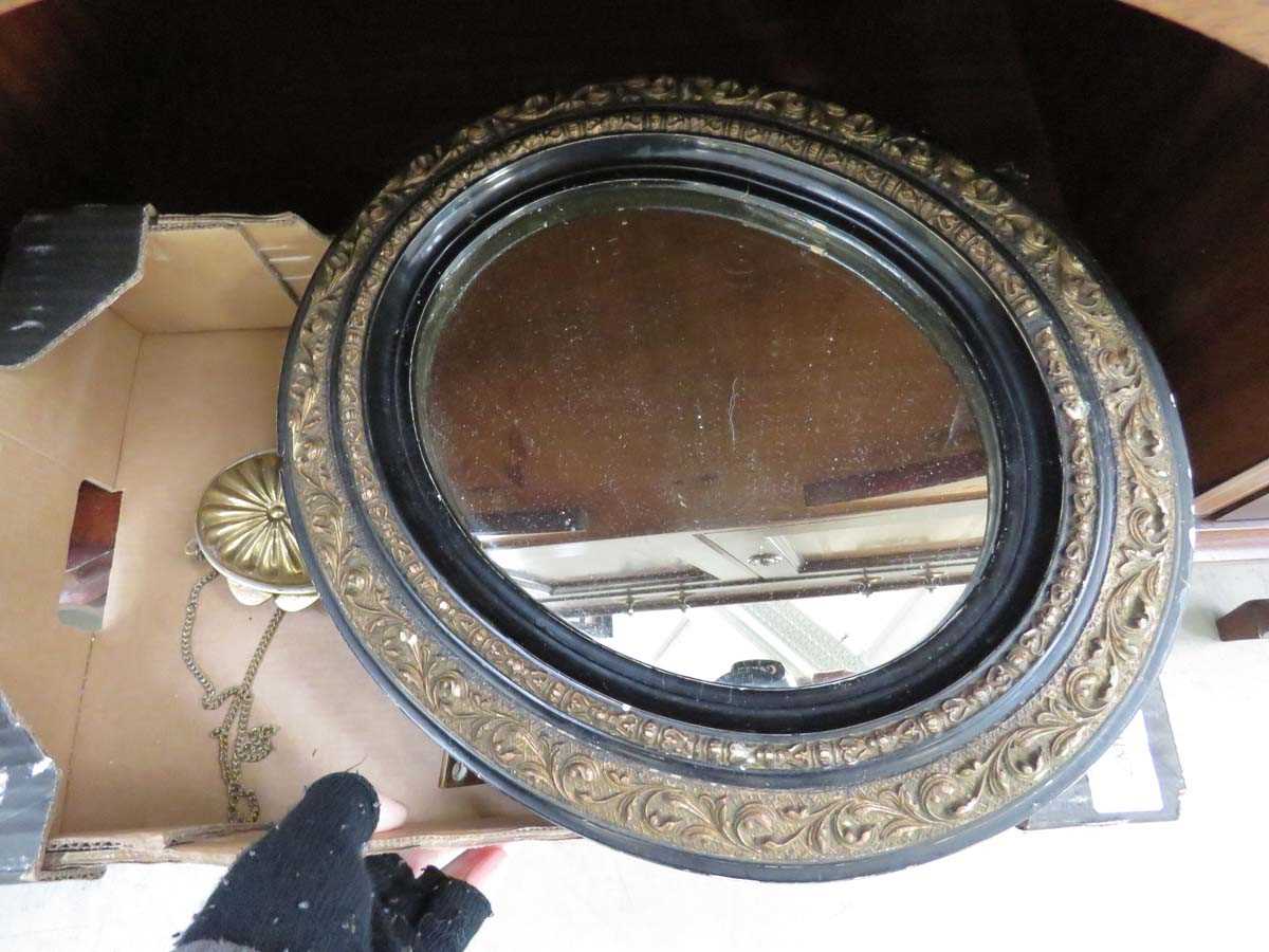 (5) Box containing brass sconces, oval mirror and a hinged brass box with chain