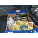 (3) Box containing a blue and white salt and pepper set, Chinese dishes, floral tile and a