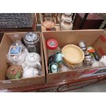 2 boxes containing stainless steel sundae dishes, glass decanter, storage vessel, milk jug and