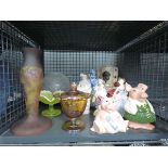 Cage containing 2 Wade piggybanks, Vaseline glass and figures