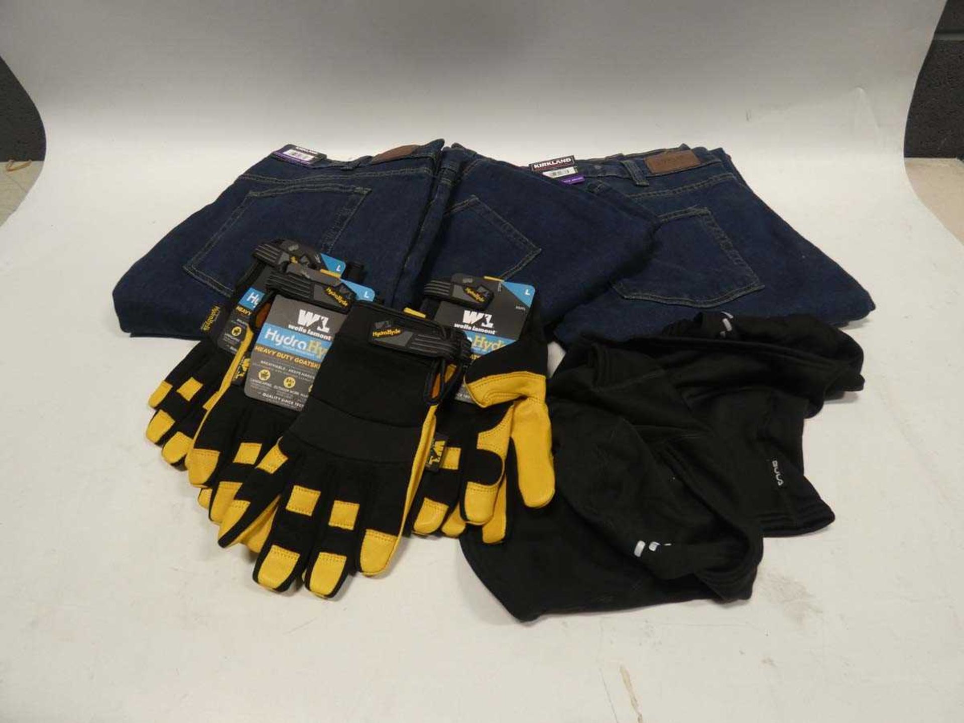 +VAT 3 pairs of Kirkland jeans together with some work gloves and 2 balaclavas