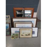 Quantity of steam train, coastal and rural prints plus pine framed mirror