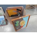 Box containing quantity of paintings inc. still life with vases, industrial scene, still life with