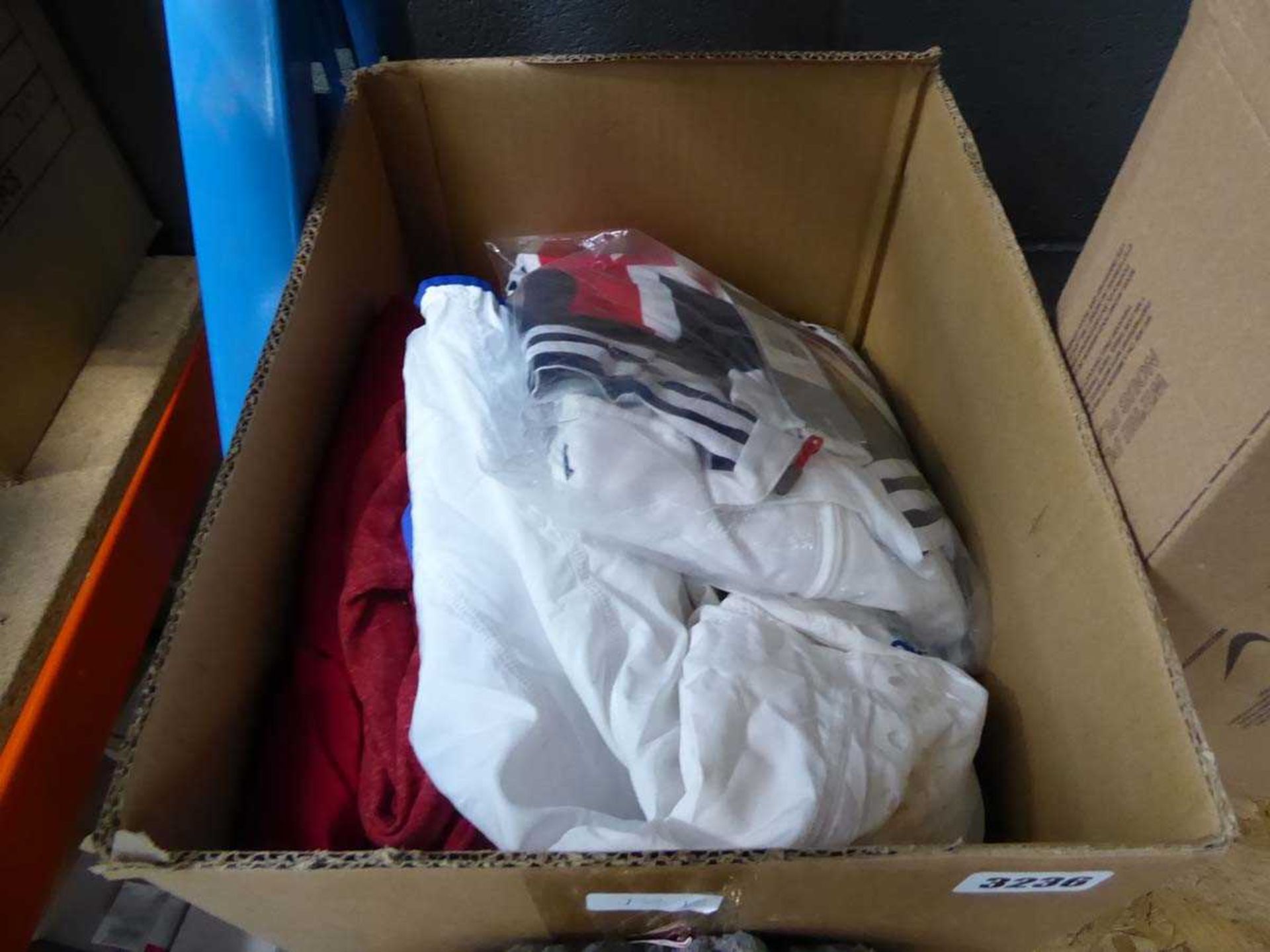 Box containing sportswear to include Nike shorts, Adidas Olympic jackets etc