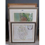 3 watercolours, country houses and cottages plus a map of Bedfordshire
