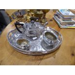 White metal coffee service on tray with various brass ware incl. pair of candlesticks, lamp bases,