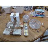 Collection of glassware incl. cut glass fruit bowl, lidded bowl, champagne flutes, cake stand and