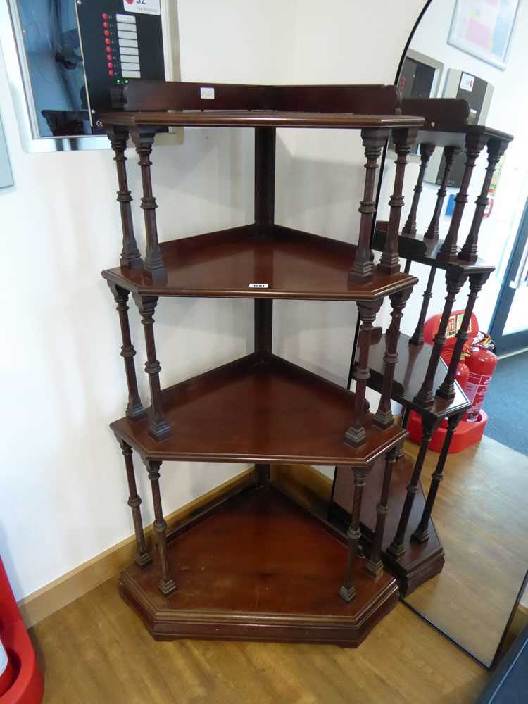 Mahogany 4 tier corner shelving unit with decorative supports