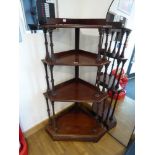 Mahogany 4 tier corner shelving unit with decorative supports