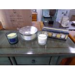 +VAT 6 various candles; 1 medium pine and eucalyptus, 1 small fig and cassis, 1 small pomegranate