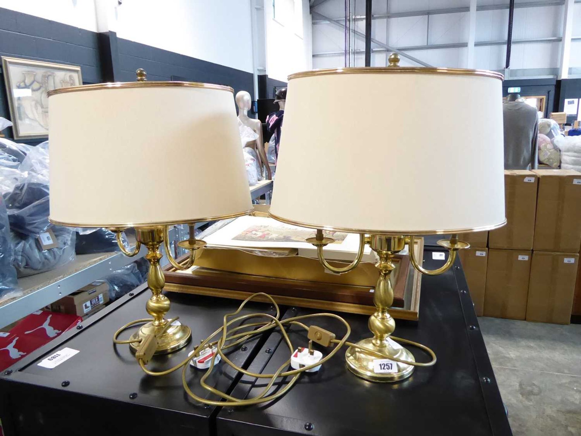 Pair of brass effect table lamps with oval shades