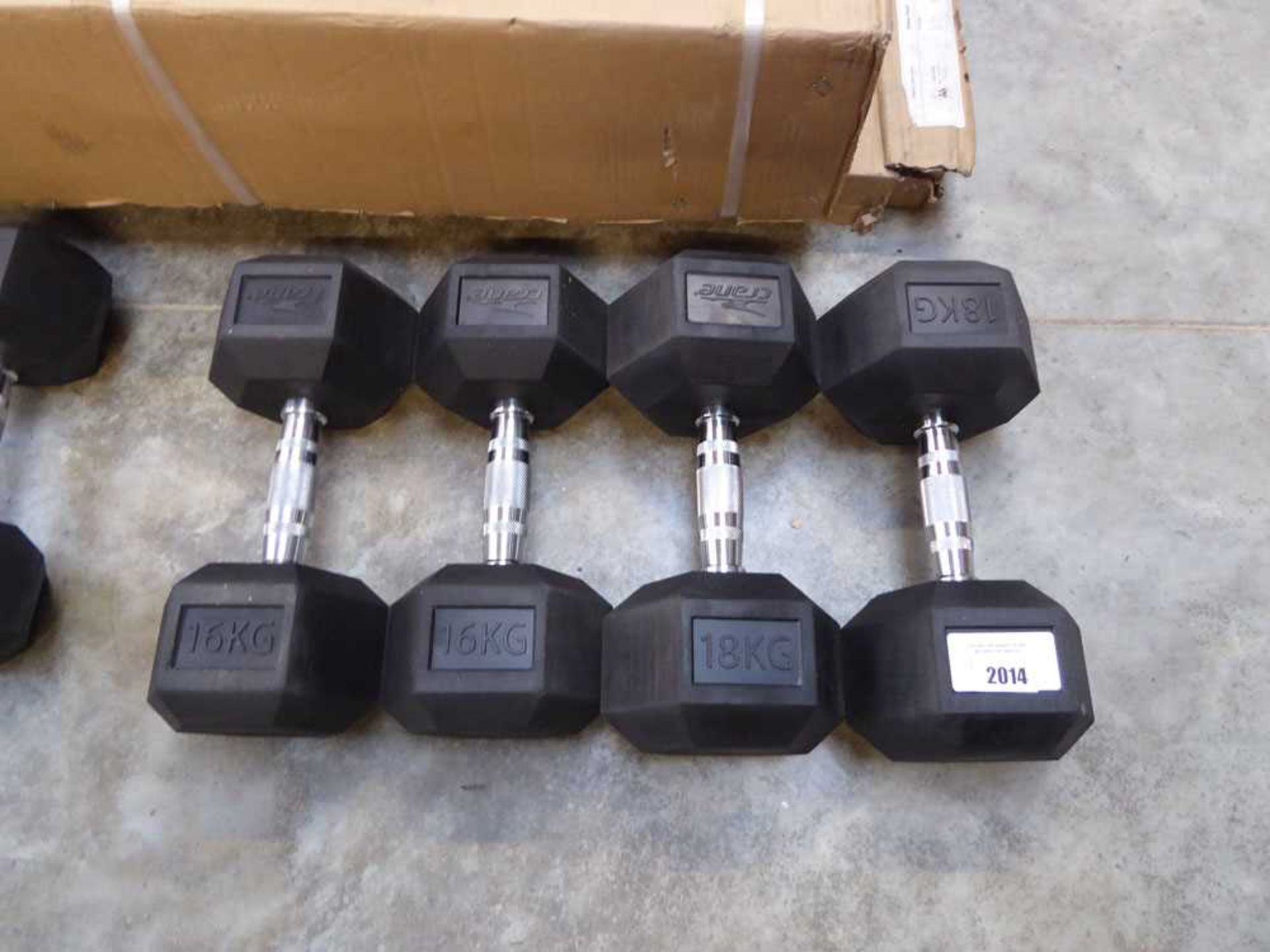 +VAT Set of Crane 18kg dumbbells with matching set of Crane 16kg dumbbells