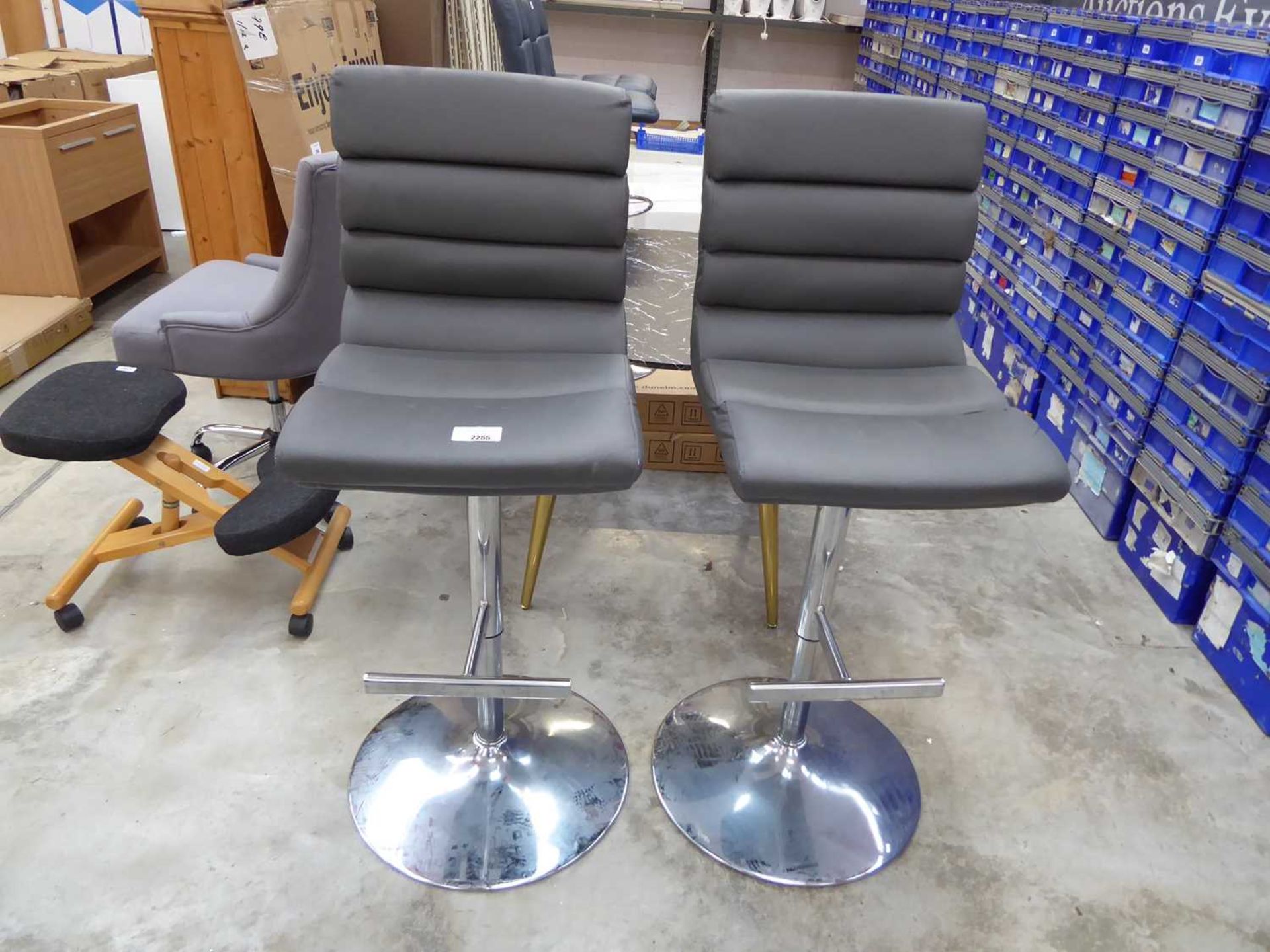 +VAT Pair of grey leatherette and chrome height adjustable bar stools