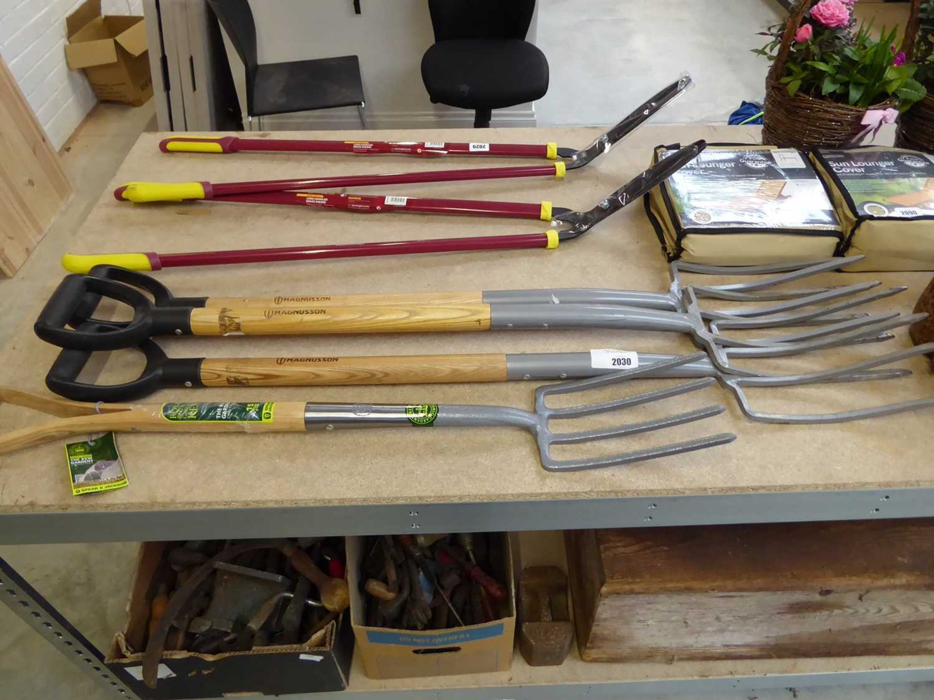 4 wooden handled garden forks