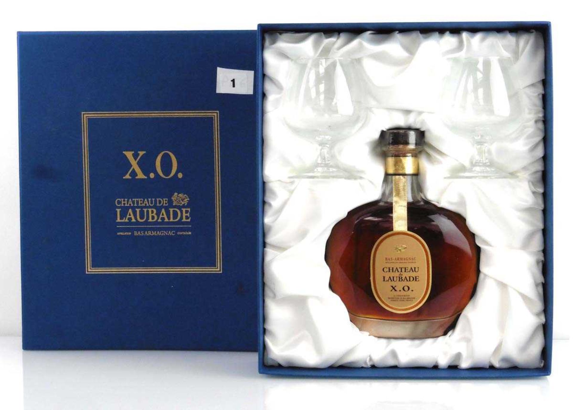 A Gift set of a bottle of Chateau de Laubade X.O. Bas Armagnac 70cl 40% with 2 glasses & box