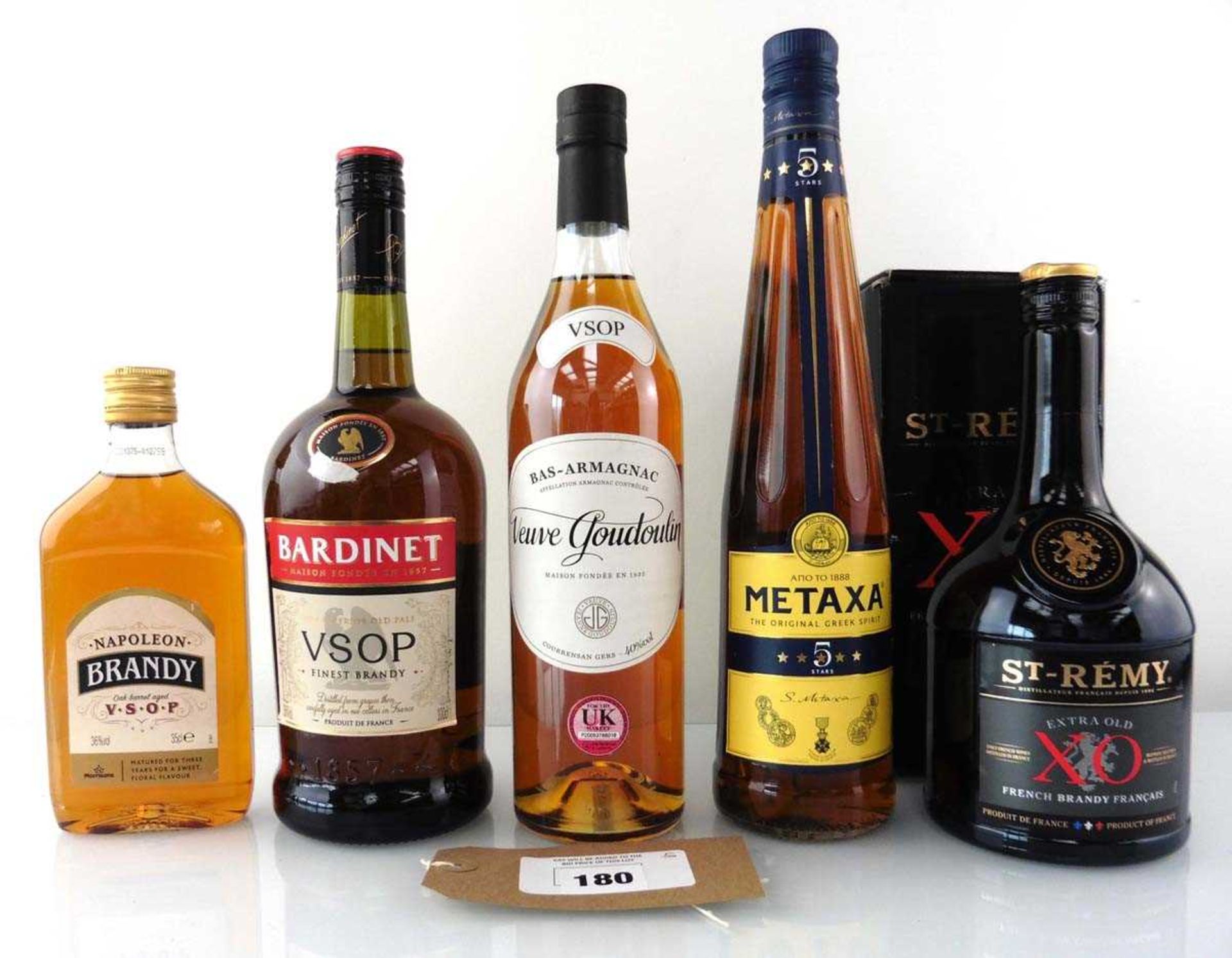 +VAT 5 various bottles, 1x Veuve Goudoulin VSOP Bas-Armagnac 70cl 40%, 1x St Remy XO Extra Old