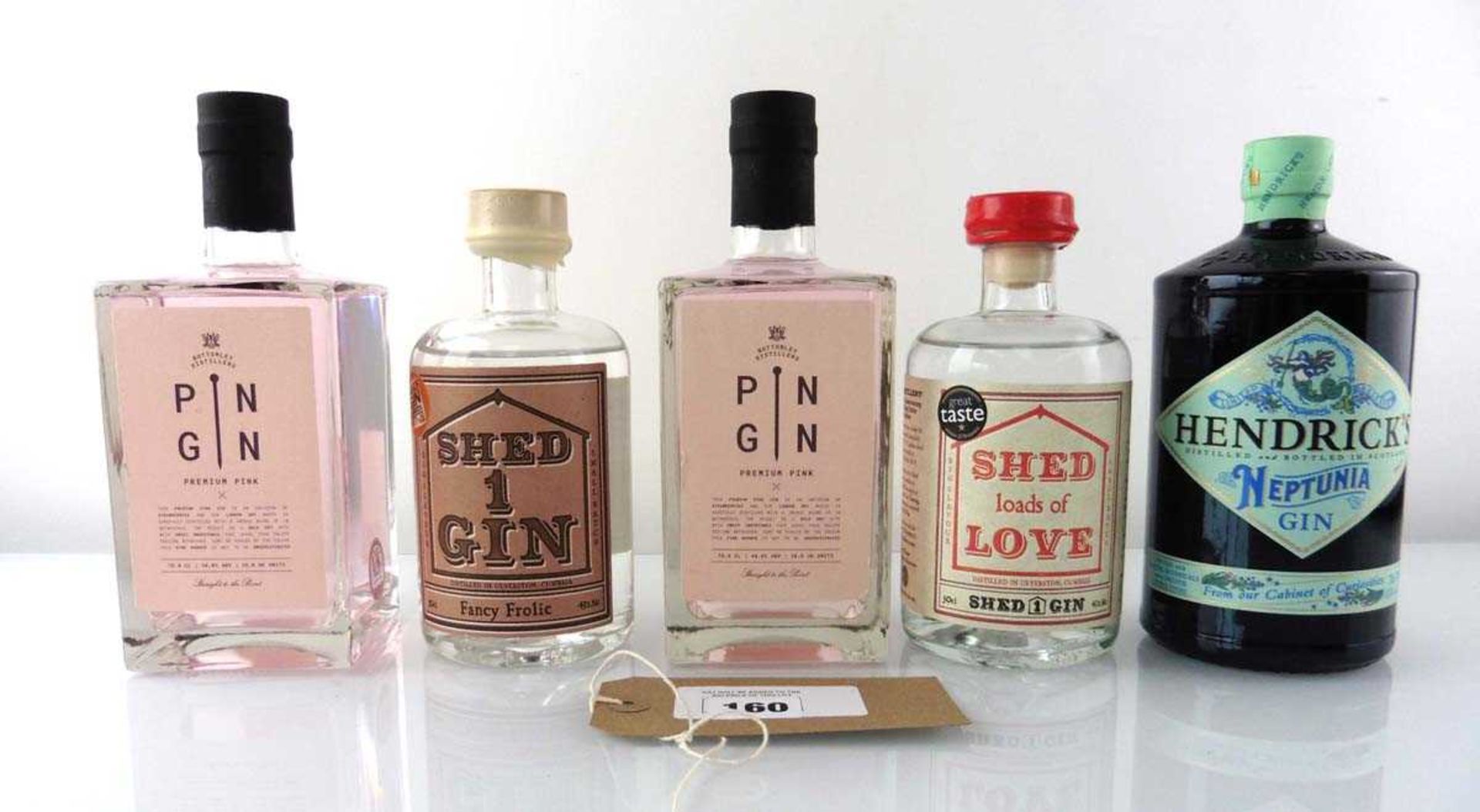 +VAT 5 bottles of Gin, 2x Bottomley Distillers Pin Gin Premium Pink Gin 70cl 40%, 1x Hendrick's