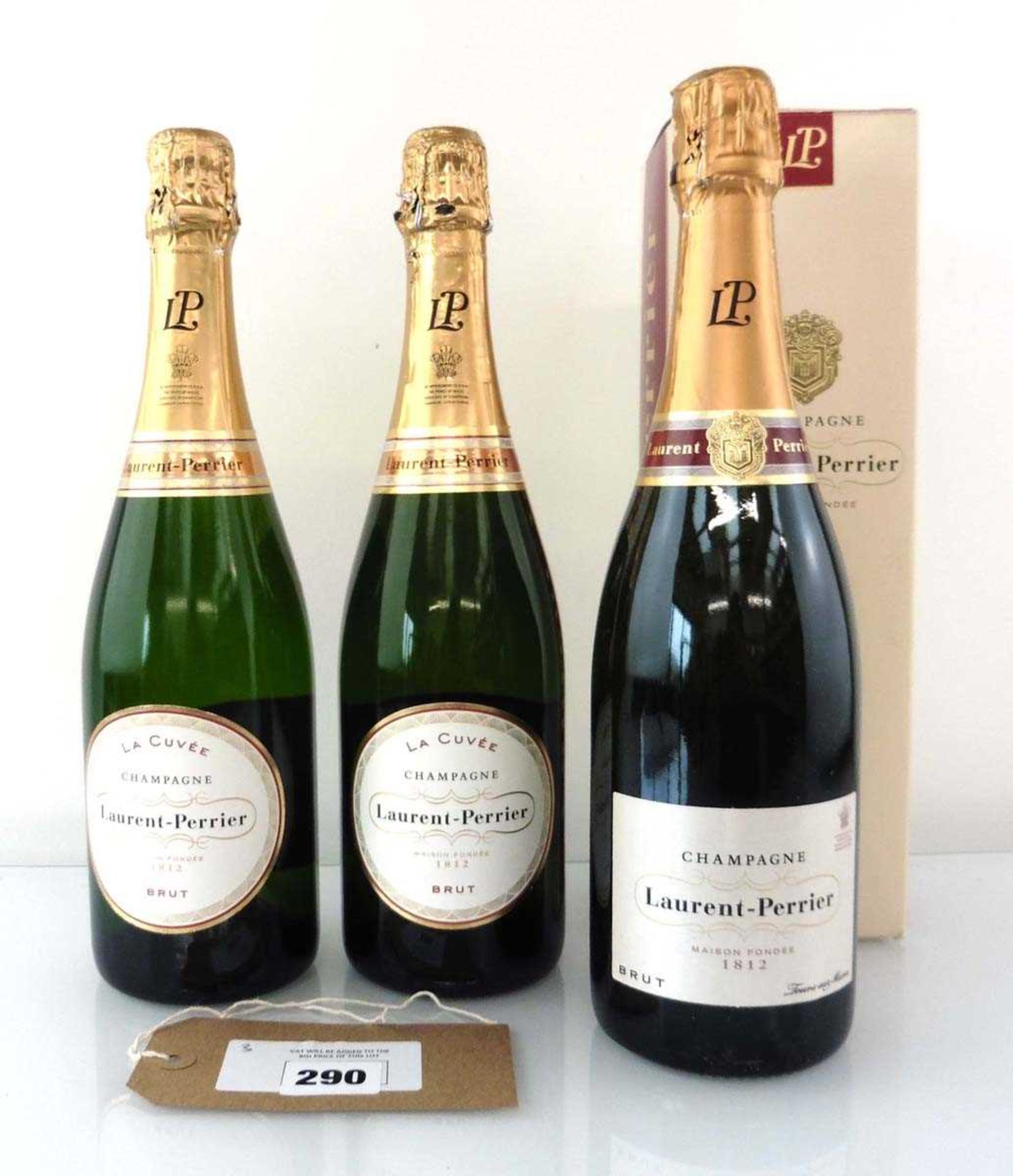 +VAT 3 bottles of Laurent Perrier La Cuvee Brut Champagne, 1 with box (Note VAT added to bid price)