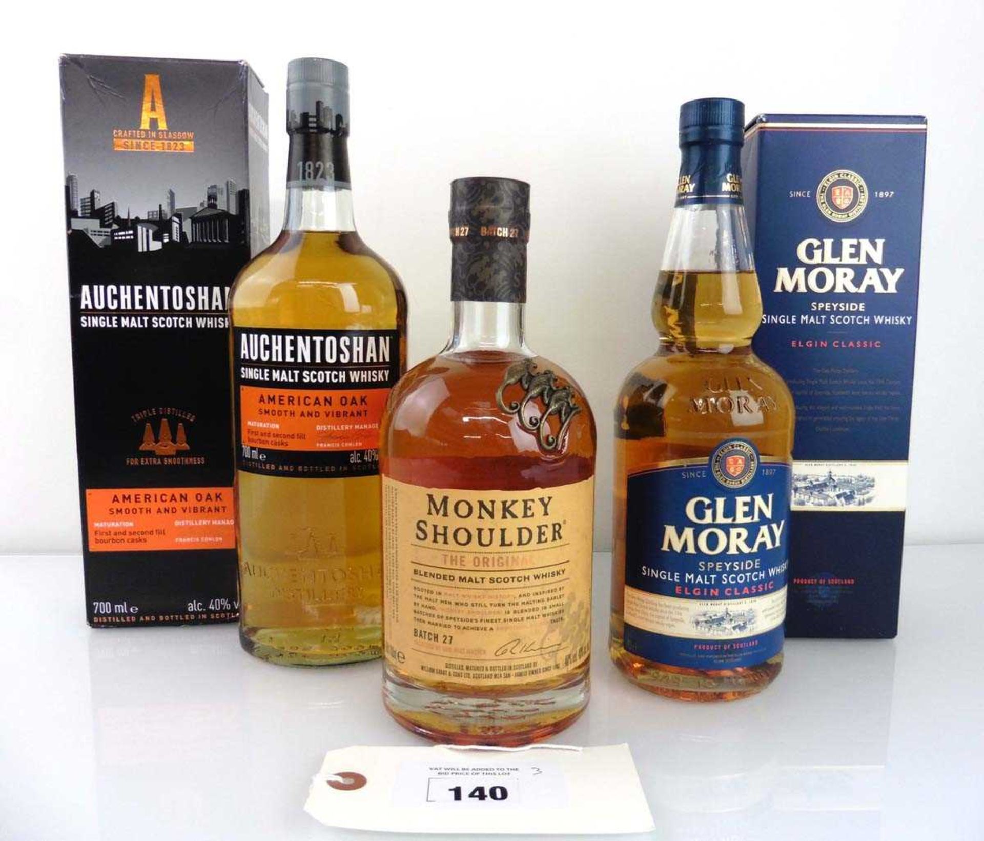 +VAT 3 bottles, 1x Auchentoshan American Oak Single Malt Scotch Whisky with box 70cl 40%, 1x Glen
