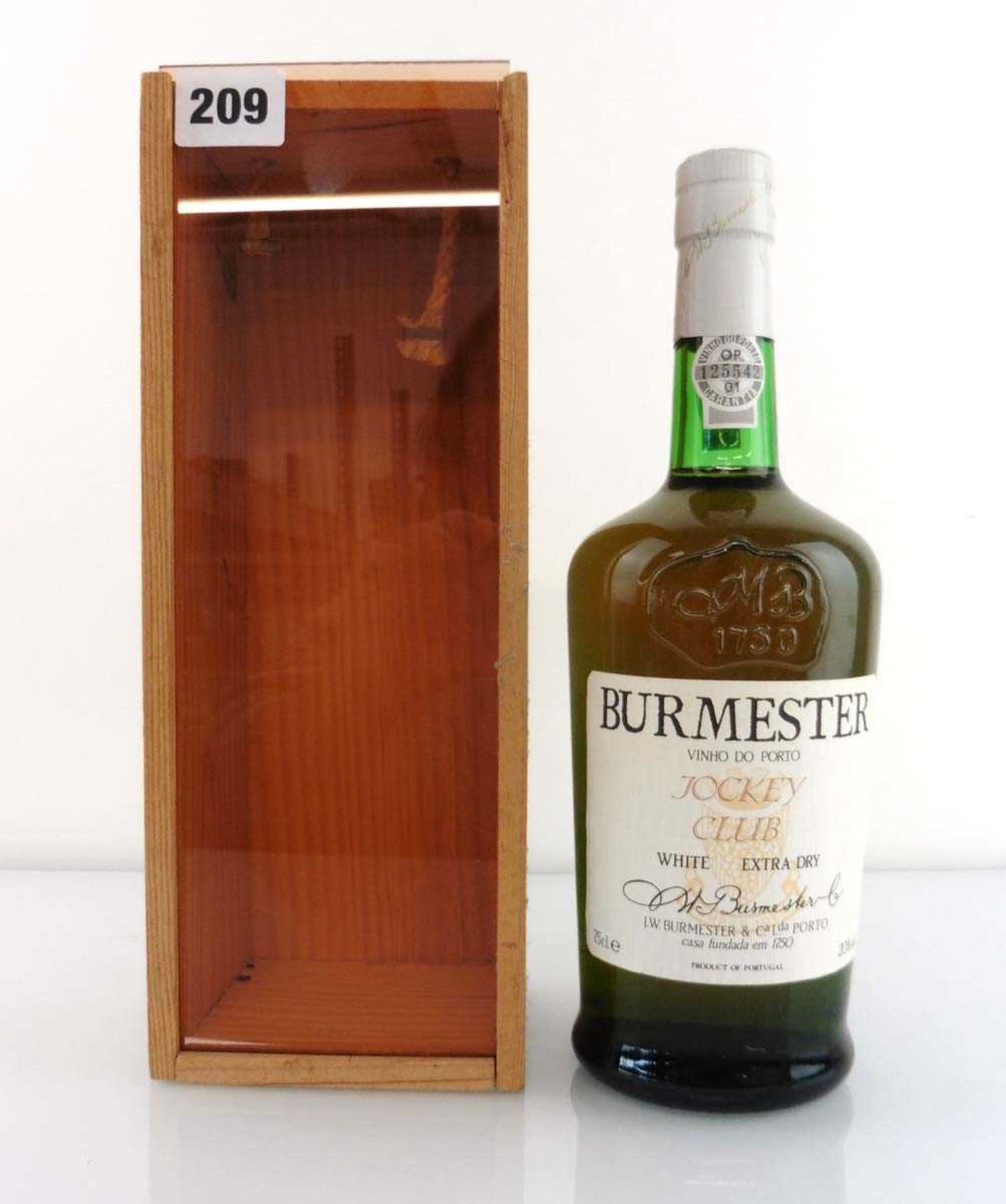 A bottle of Burmester Jockey Club white extra dry port circa 1990s with wooden box