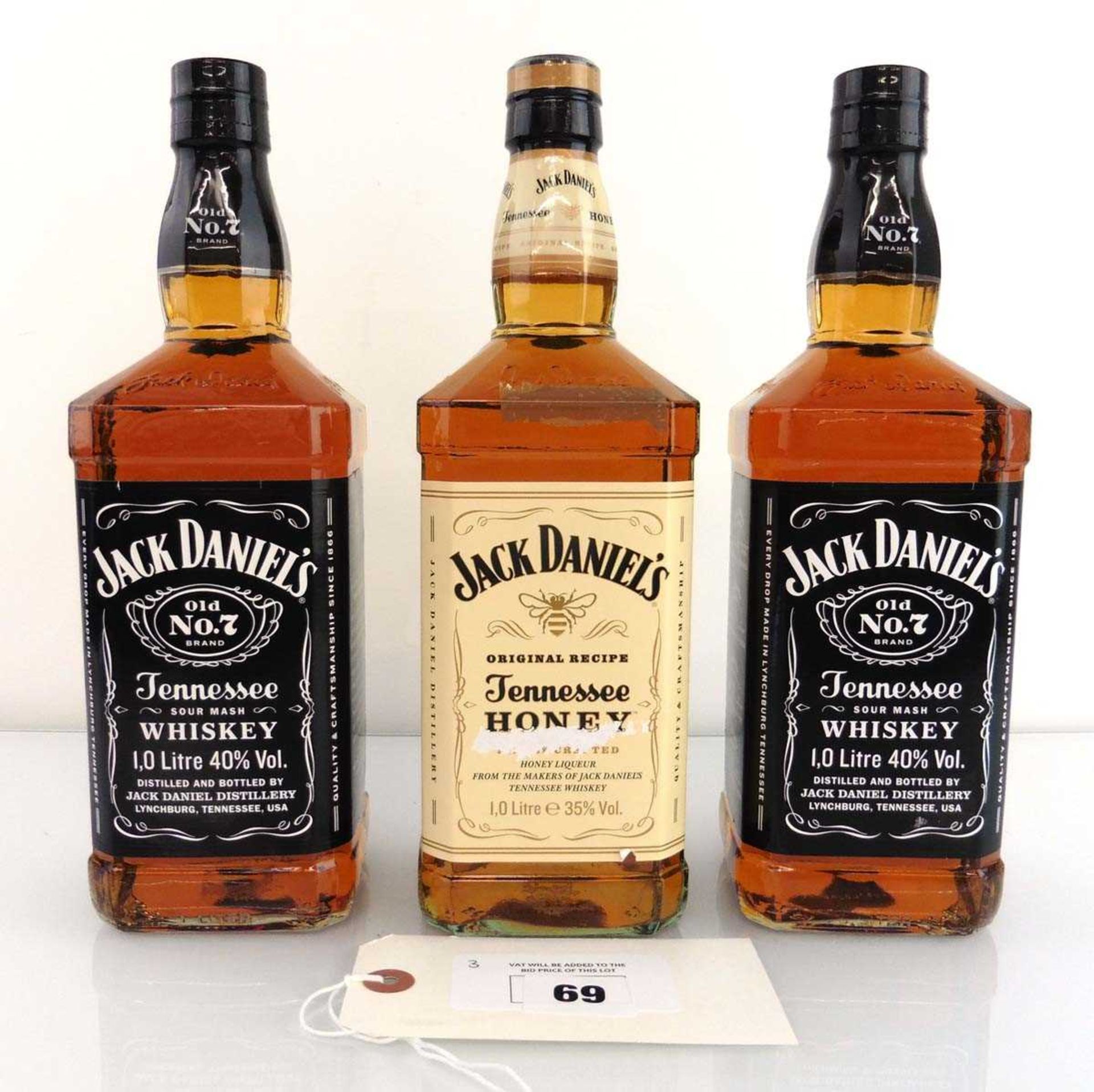 +VAT 3 bottles of Jack Daniel's, 2x Old No.7 Tennessee Sour Mash Whiskey 1 litre 40% & 1x