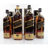 4 bottles of Johnnie Walker Black Label 12 year Old Scotch Whisky with boxes & various styles, 2x