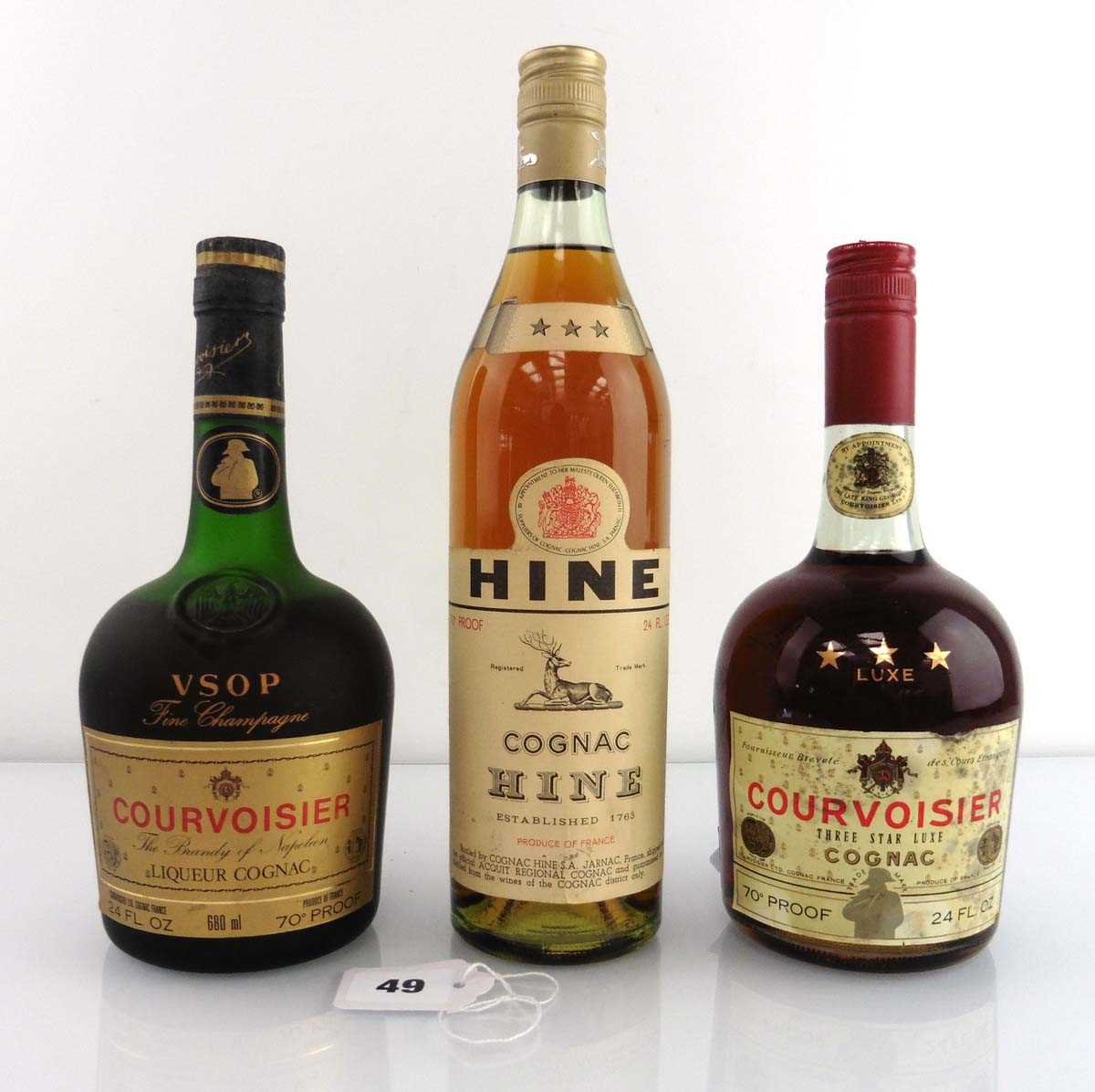 3 old bottles of Cognac circa 1960's/70's, 1x Hine 3 star 24fl oz 70 proof, 1x Courvoisier Three