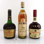 3 old bottles of Cognac circa 1960's/70's, 1x Hine 3 star 24fl oz 70 proof, 1x Courvoisier Three