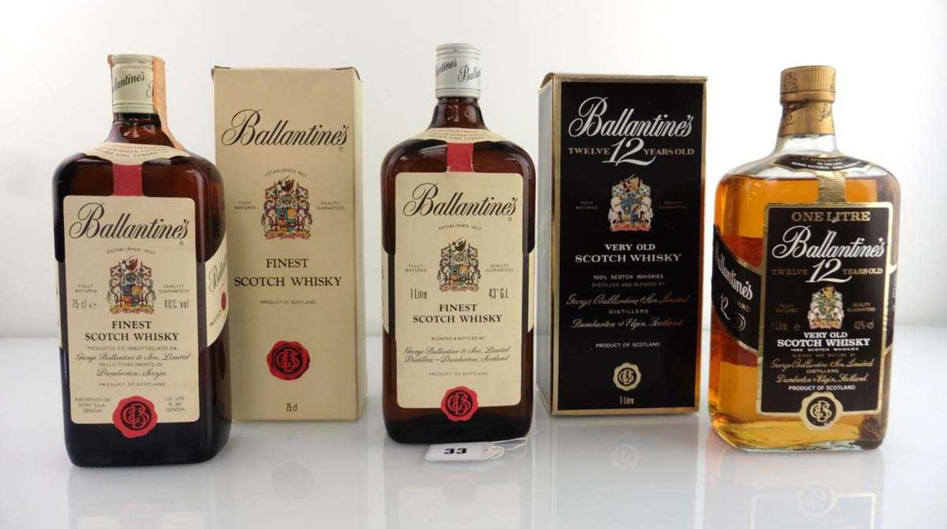 3 bottles of Ballantine's Scotch Whisky, 1x 1 litre 43%, 1x 12 year old circa 1980's with box 1