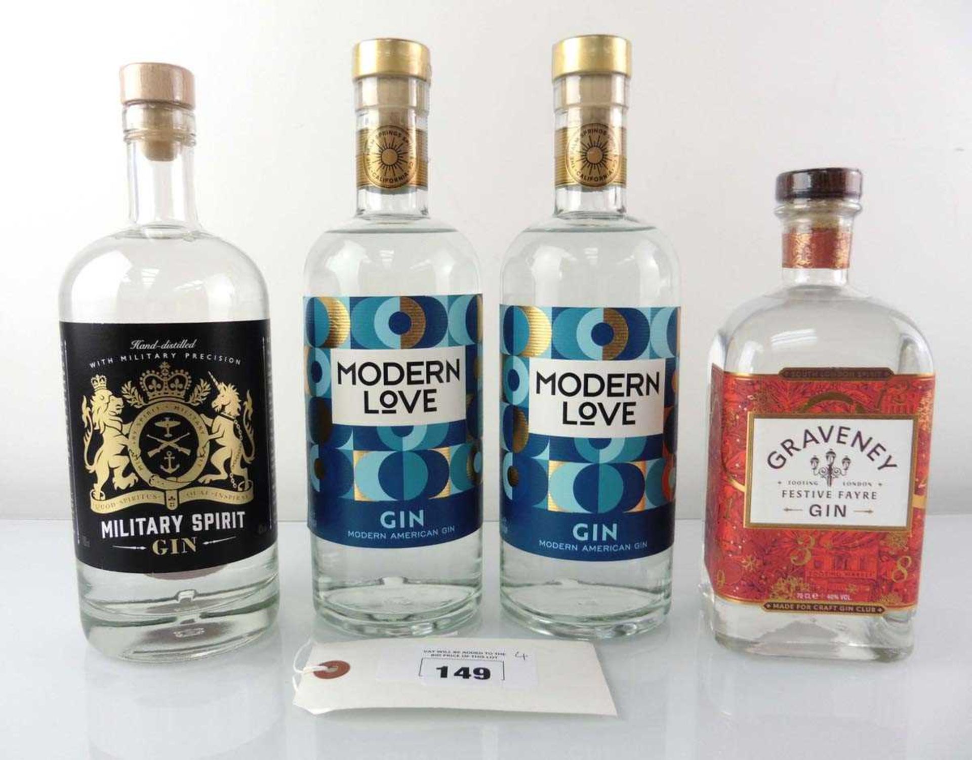 +VAT 4 bottles, 1x Military Spirit Gin 70cl 43%, 1x Graveney Festive Fayre Gin from Tooting London