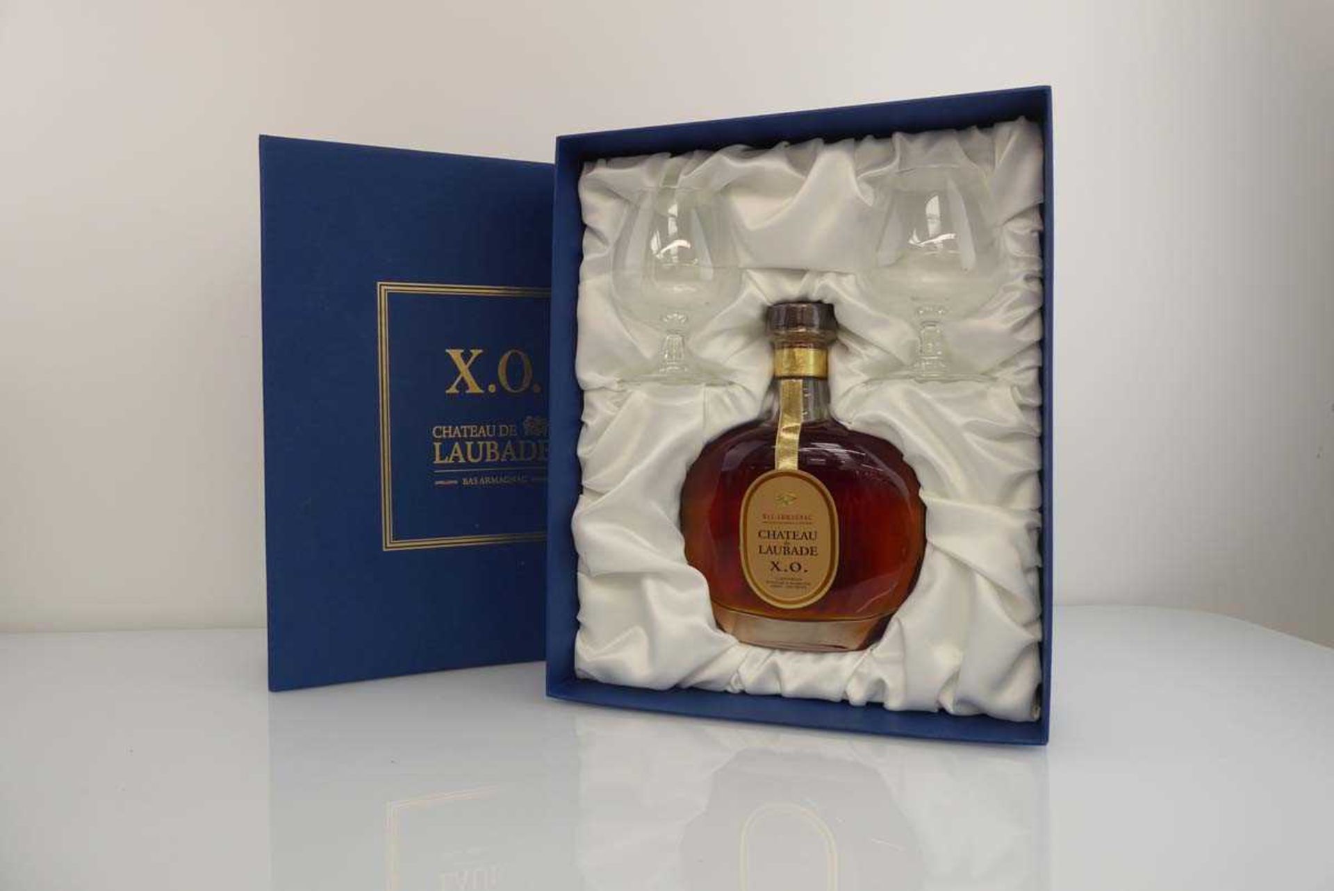 A Gift set of a bottle of Chateau de Laubade X.O. Bas Armagnac 70cl 40% with 2 glasses & box - Image 4 of 4